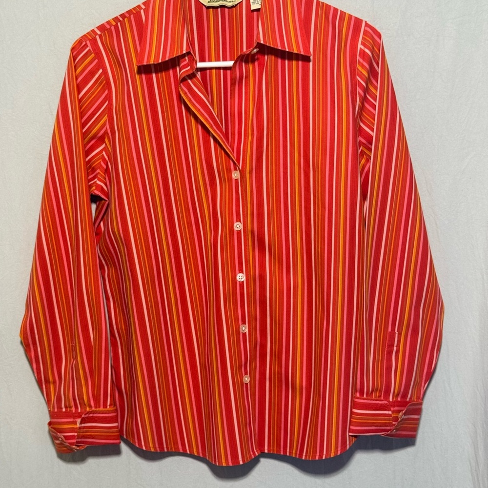 Vintage Eddie Bauer Red and Pink Striped Shirt 100% Cotton